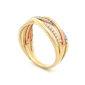 Anello Donna Oro 9kt Fasce Intrecciate Oro Giallo Oro Rosa e Zirconi