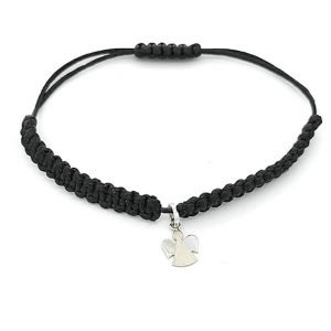 Bracciale nero tessuto con ciondolo angelo oro bianco 18kt