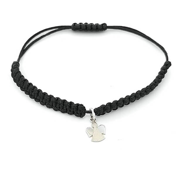 Bracciale Donna Oro Bianco Cordino Nero 1 Bracciale nero tessuto con ciondolo angelo oro bianco 18kt